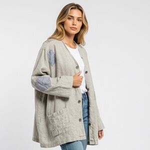 J Jill 3X grey linen patchwork button front cardigan jacket, Coastal Grandma